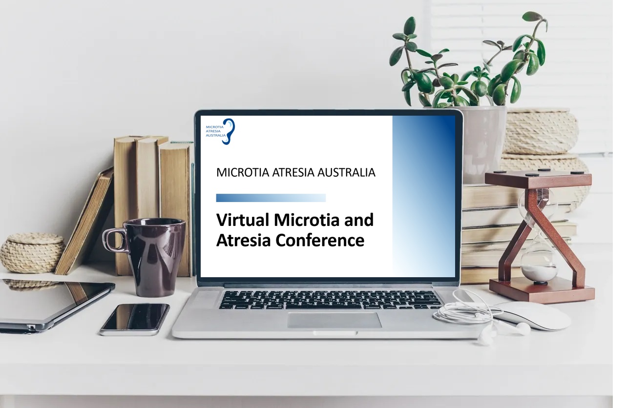 Virtual Microtia and Atresia Conference image on a laptop